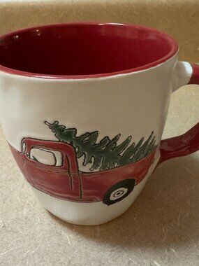 Two (2) ceramic Christmas mugs with red truck & Christmas tree